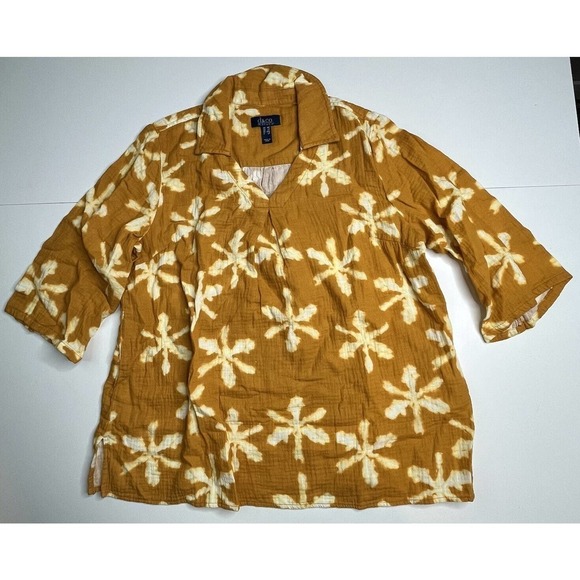 Denim&Co Tops - NEW D&Co Beach Tie Dye 1/4 Sleeve Blouse Petite Medium MP Women’s Yellow